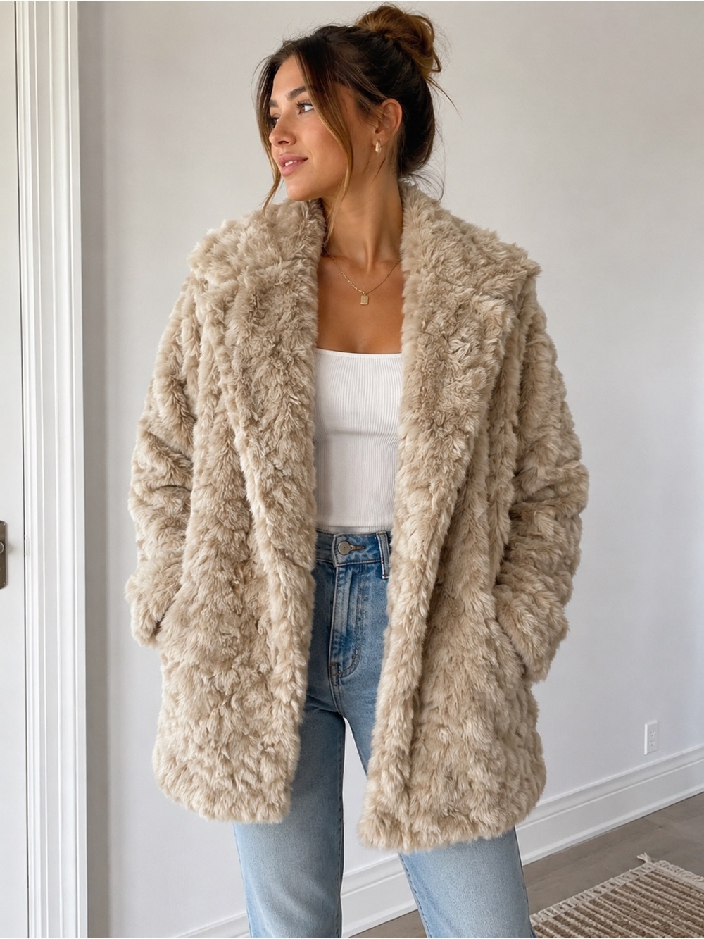 Mango Suit Faux Fur Coat Teddy Coat Beige Cream Open Front Jacket XS - Picture 2 of 6